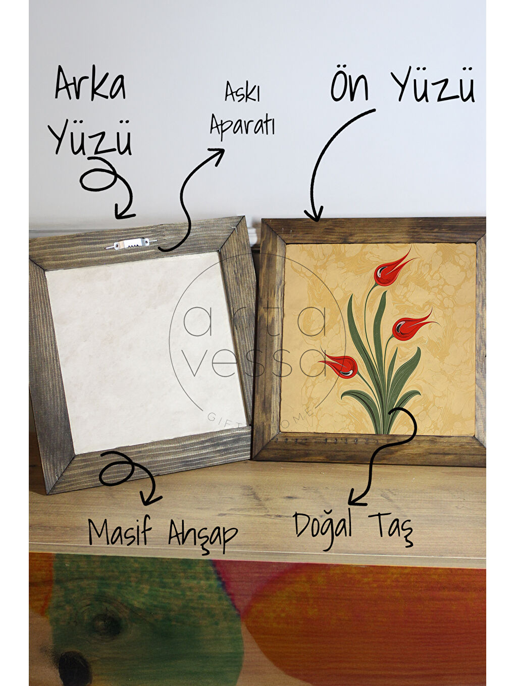 Beyaz Masif Ahşap Çerçeveli Taş Tablo Pano 26 x 26 cm - Ebru Sanatı 5 - 26 x 26-2