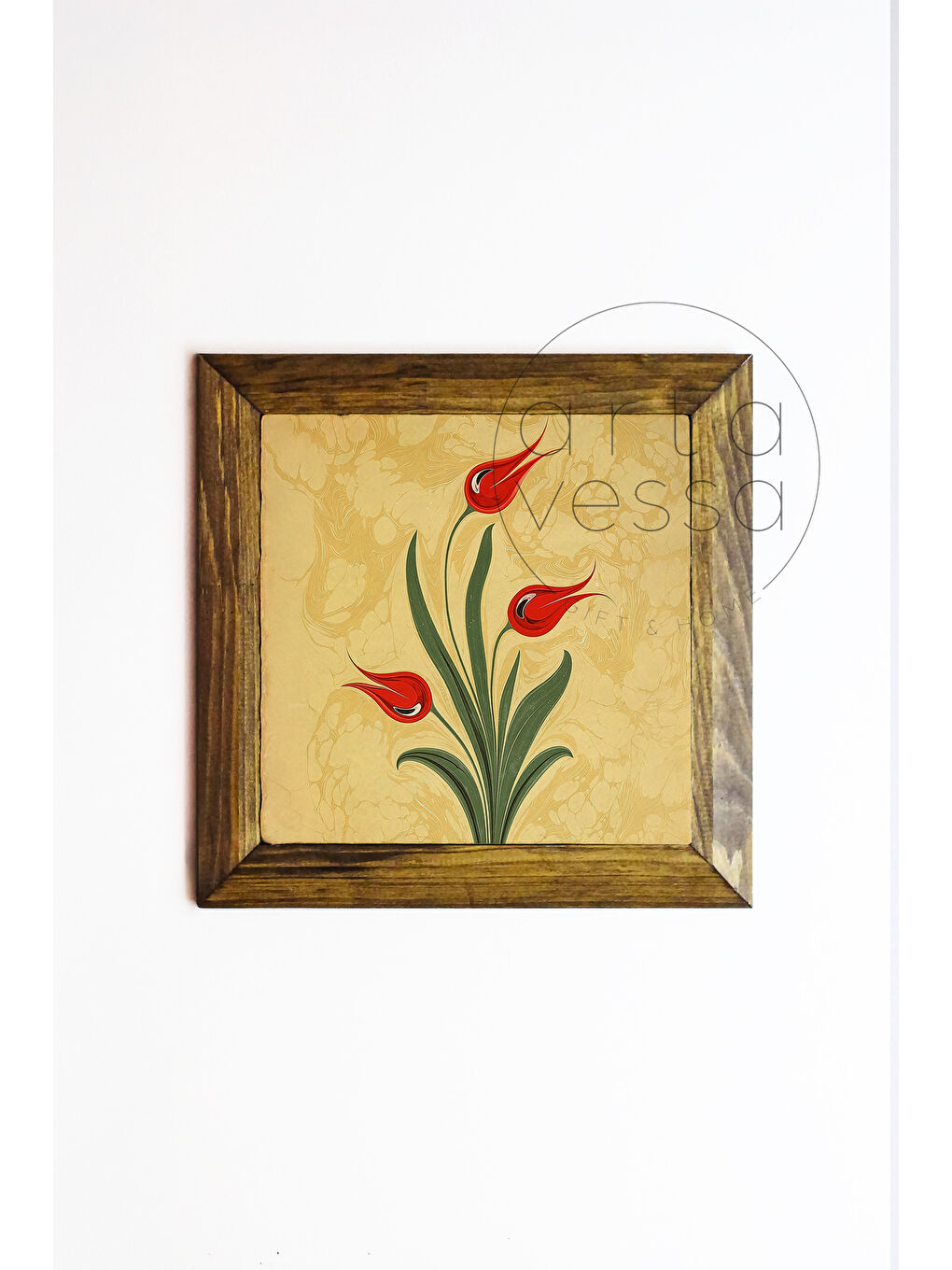 Beyaz Masif Ahşap Çerçeveli Taş Tablo Pano 26 x 26 cm - Ebru Sanatı 5 - 16 x 16-1