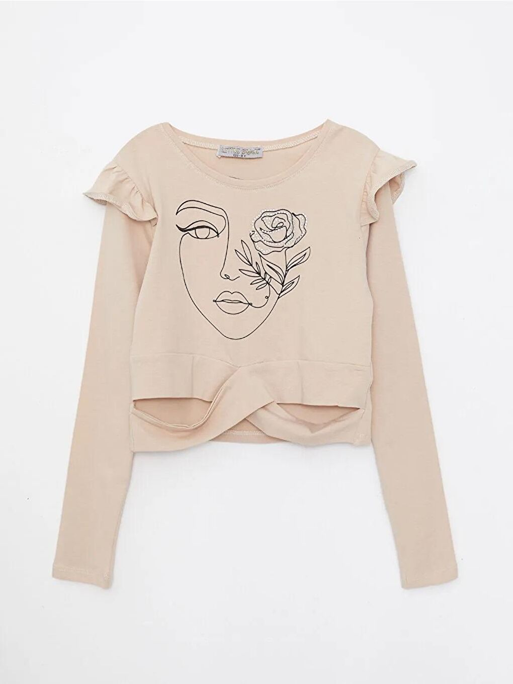 Bej Kız Çocuk Yüz Detaylı Omzu Fırfırlı Uzun Kol Bluz