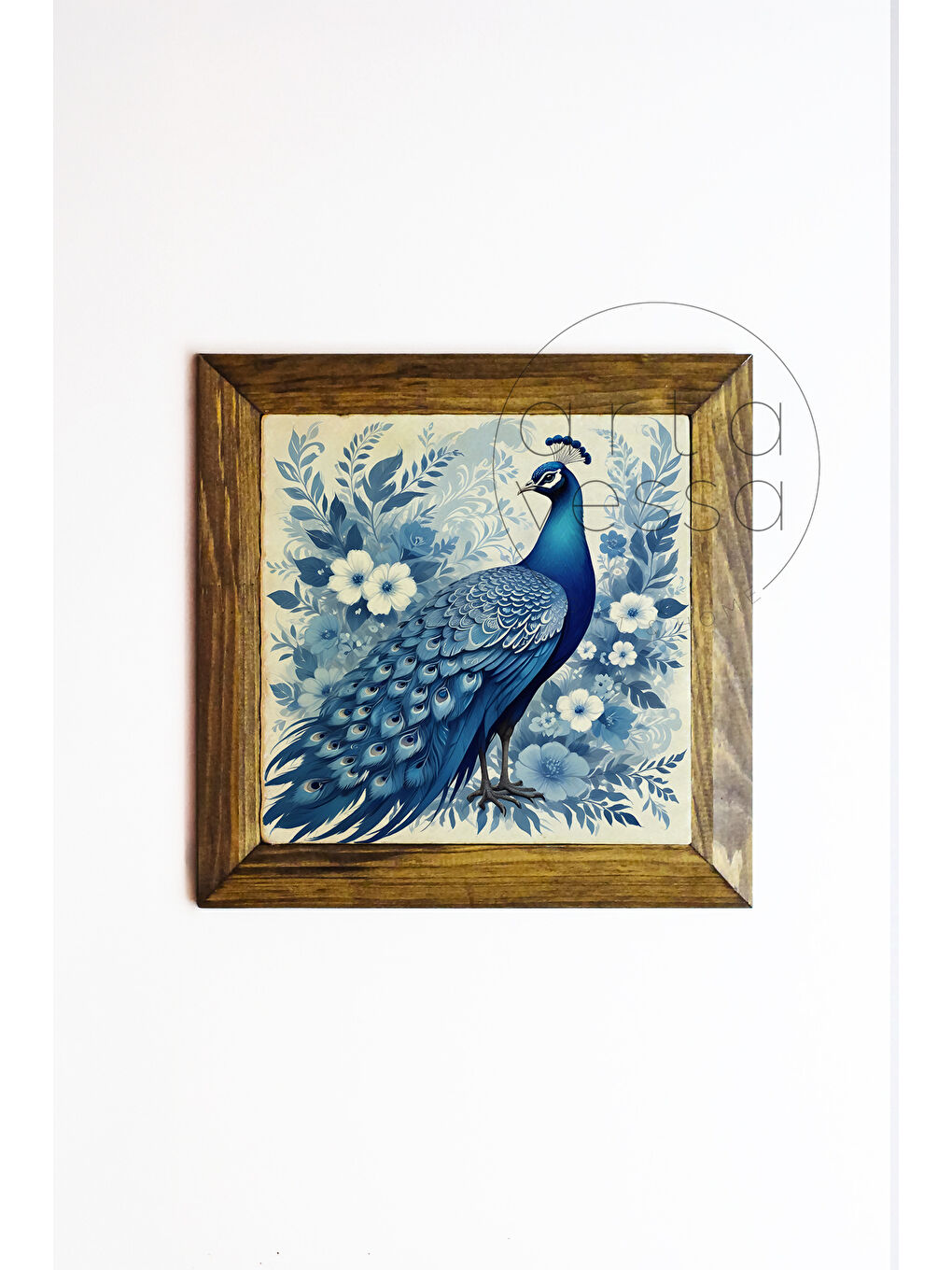 Beyaz Masif Ahşap Çerçeveli Taş Tablo Pano 16 x 16 cm - Tavus Kuşu 1 - 16 x 16-1