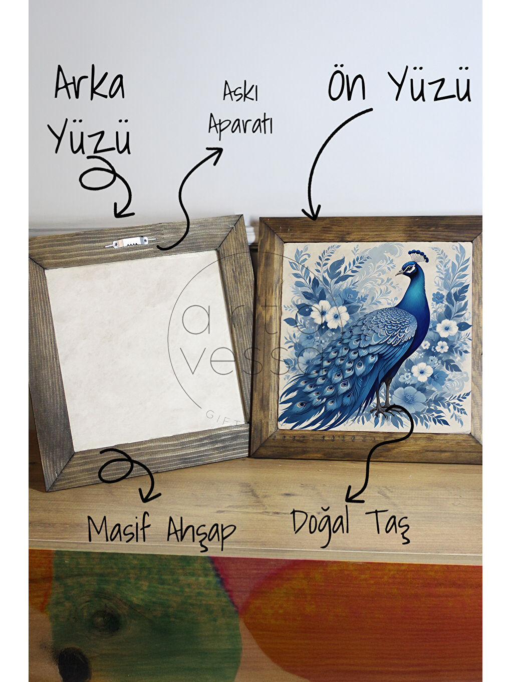 Beyaz Masif Ahşap Çerçeveli Taş Tablo Pano 16 x 16 cm - Tavus Kuşu 1 - 16 x 16-2