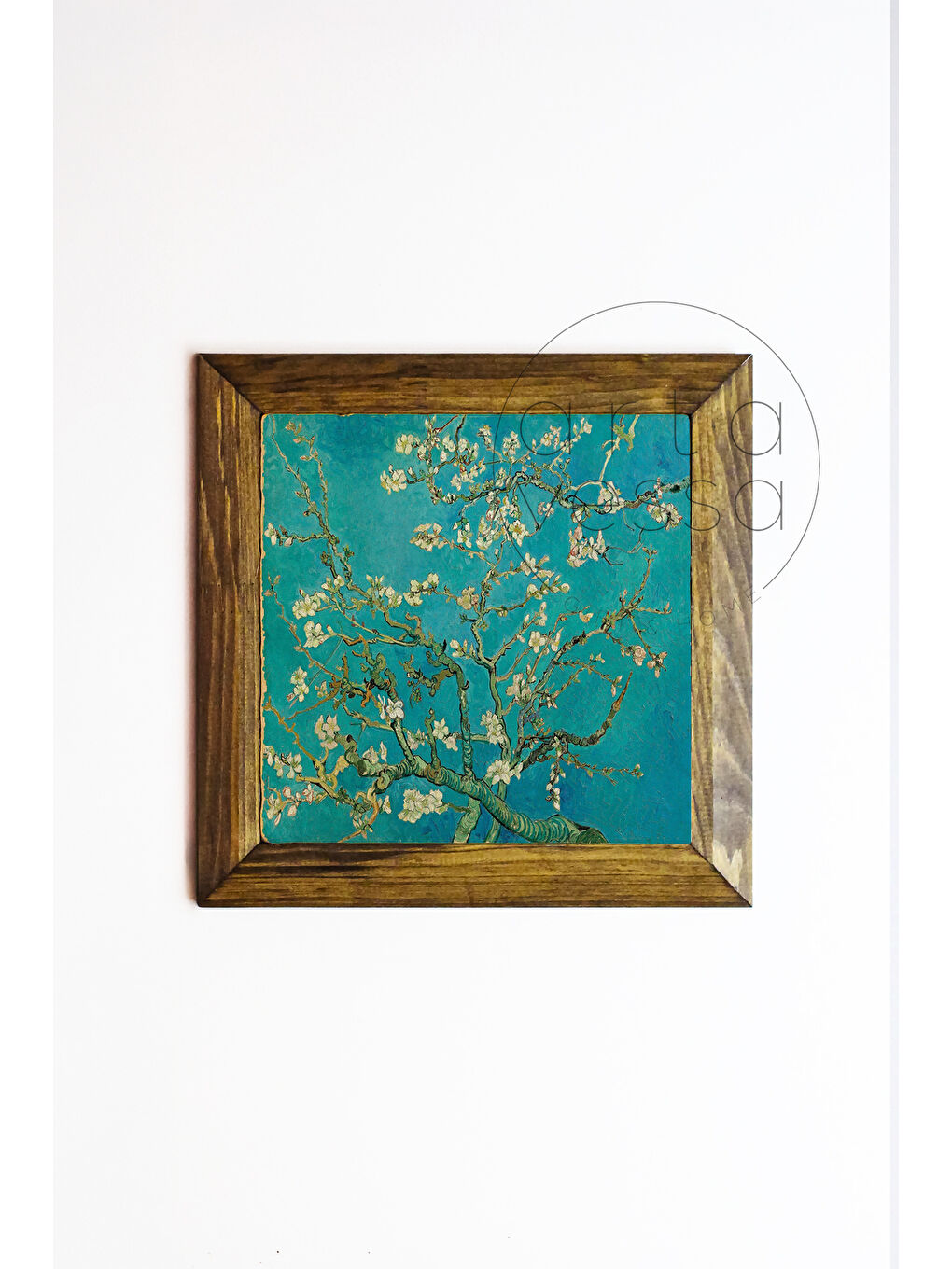 Beyaz Masif Ahşap Çerçeveli Taş Tablo Pano 26 x 26 cm - Vincent Van Gogh-Almond Blossom - 16 x 16-1