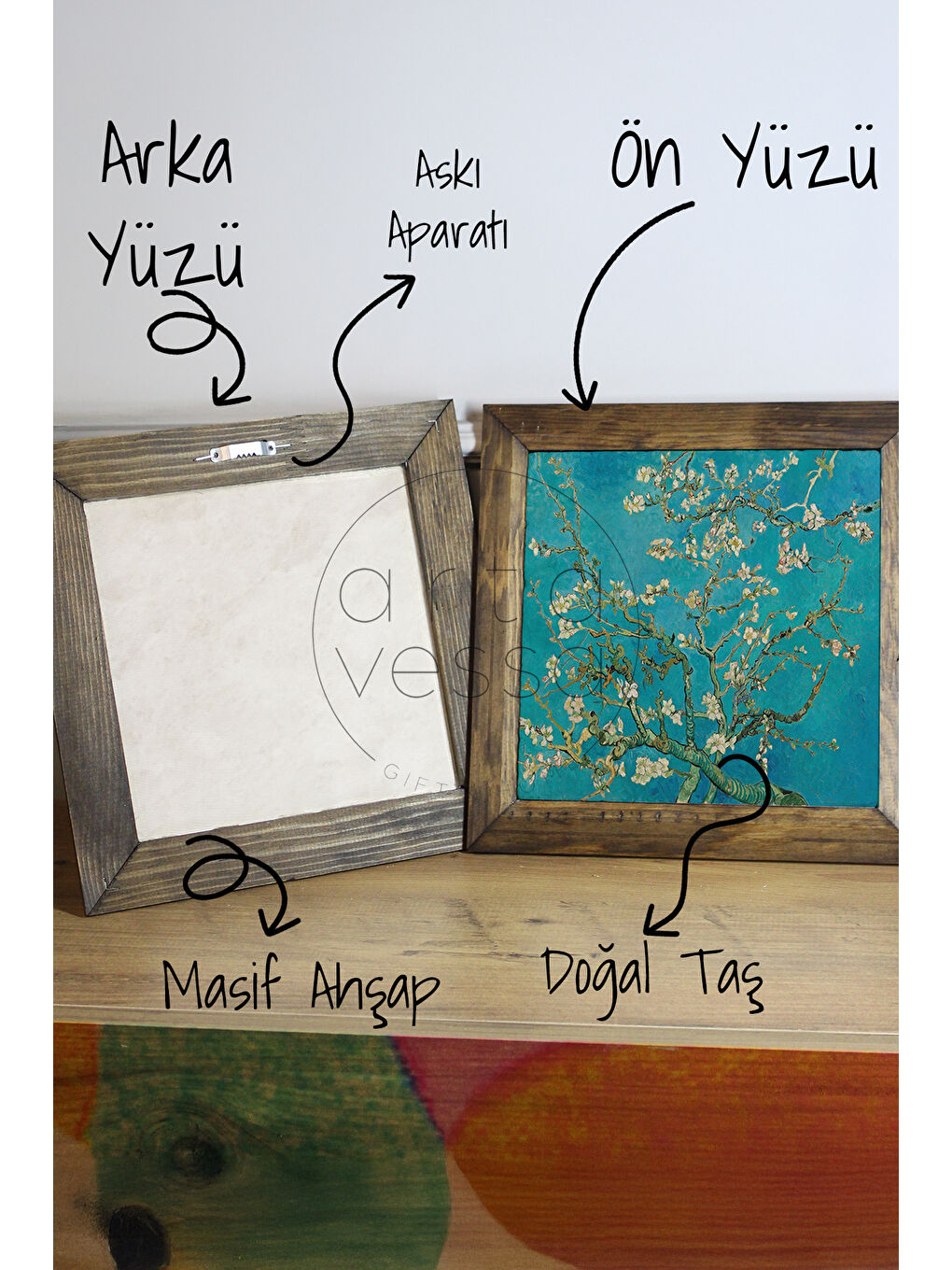 Beyaz Masif Ahşap Çerçeveli Taş Tablo Pano 26 x 26 cm - Vincent Van Gogh-Almond Blossom - 16 x 16-2