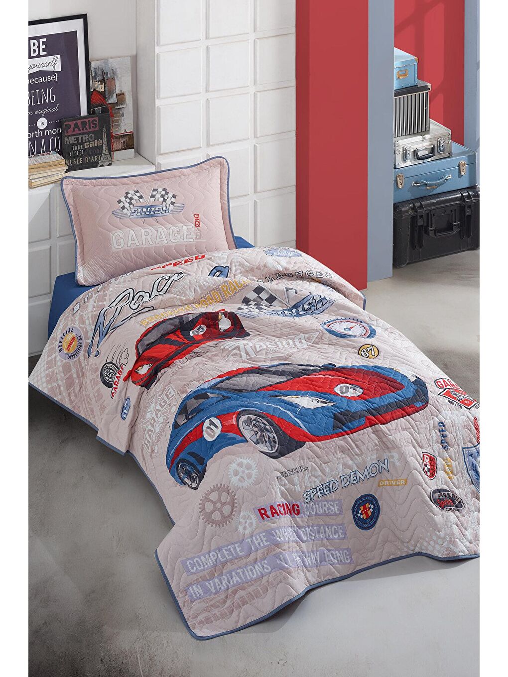 Mavi %100 Pamuk Tek Kişilik Yatak Örtüsü Seti-1