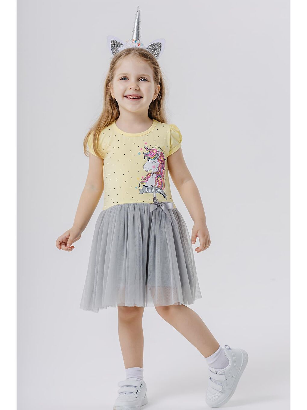 Kız Çocuk Elbise  Baskılı Tüllü Fiyonklu Sarı (3-4 Yaş)