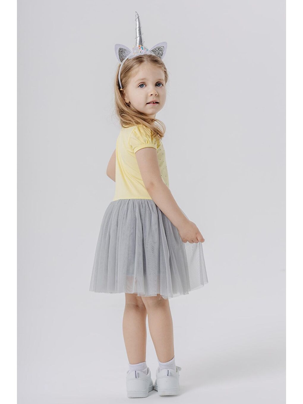 Kız Çocuk Elbise  Baskılı Tüllü Fiyonklu Sarı (3-4 Yaş)-3