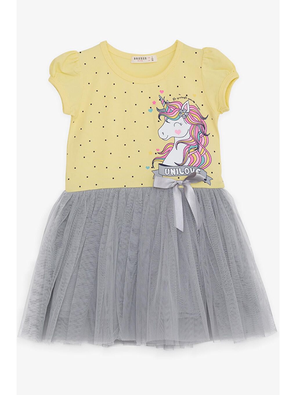 Kız Çocuk Elbise  Baskılı Tüllü Fiyonklu Sarı (3-4 Yaş)-1