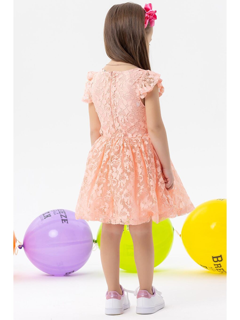 Pembe Kız Çocuk Elbise Fiyonklu Tüllü Güpürlü Somon (3-6 Yaş)-1