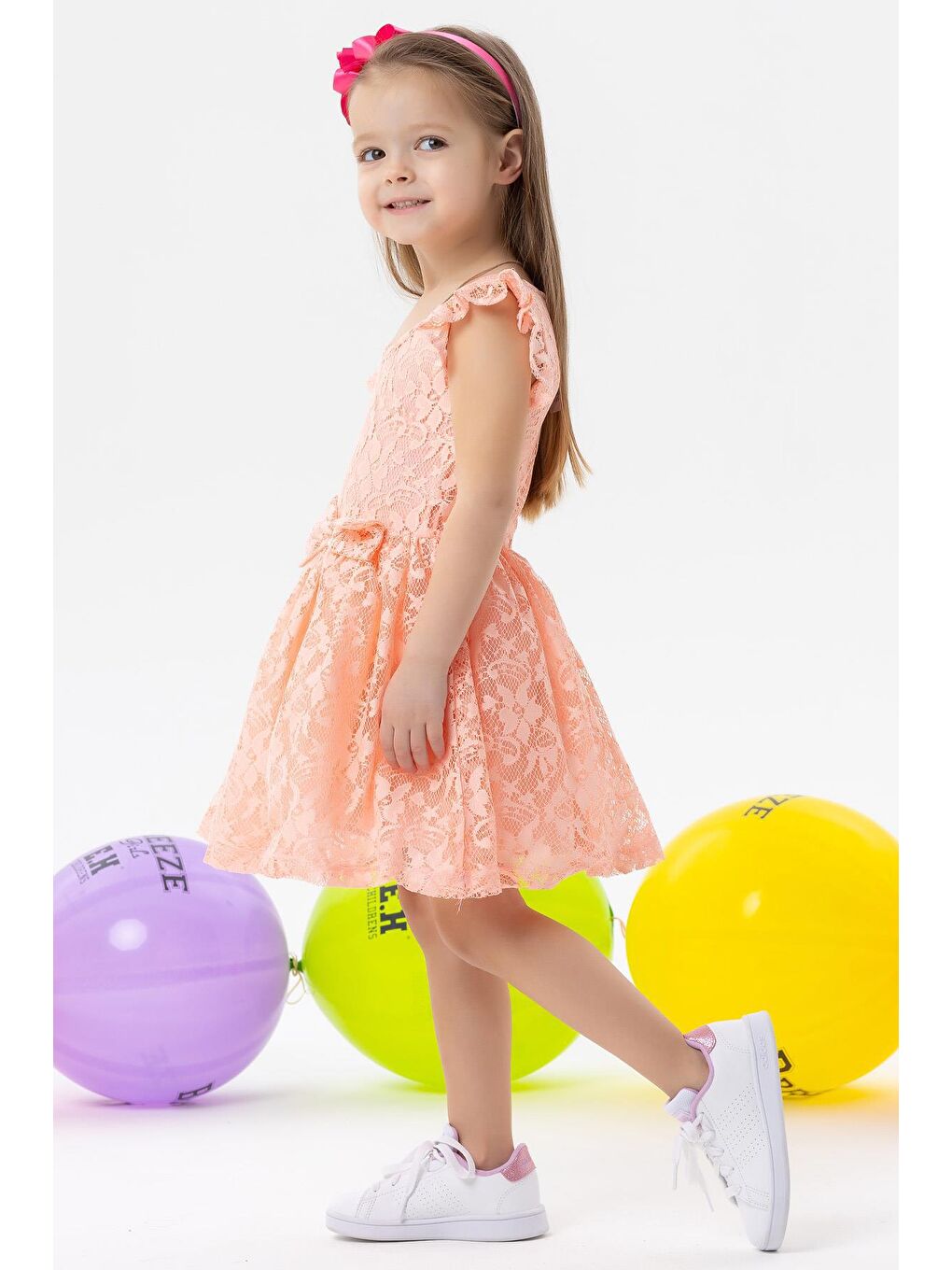 Pembe Kız Çocuk Elbise Fiyonklu Tüllü Güpürlü Somon (3-6 Yaş)-2