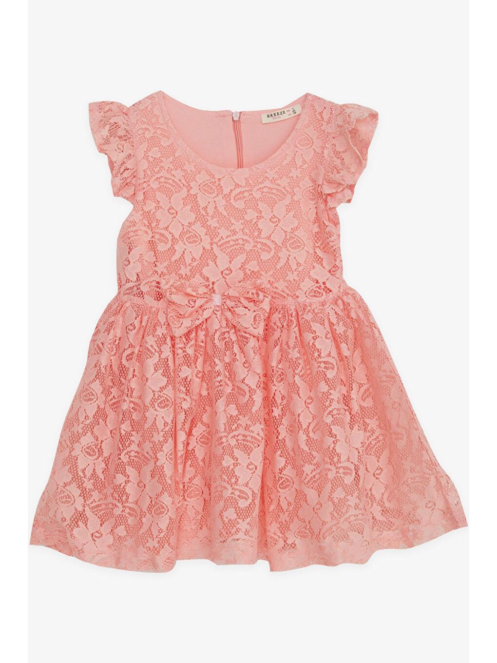 Pembe Kız Çocuk Elbise Fiyonklu Tüllü Güpürlü Somon (3-6 Yaş)-3