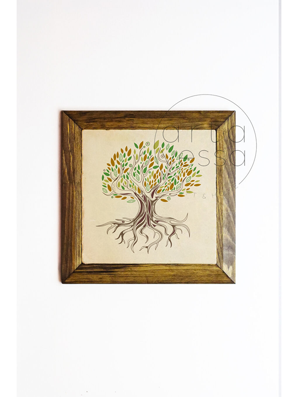 Beyaz Masif Ahşap Çerçeveli Taş Tablo Pano 16 x 16 cm - Ağaç Model 7 - 16 x 16-1