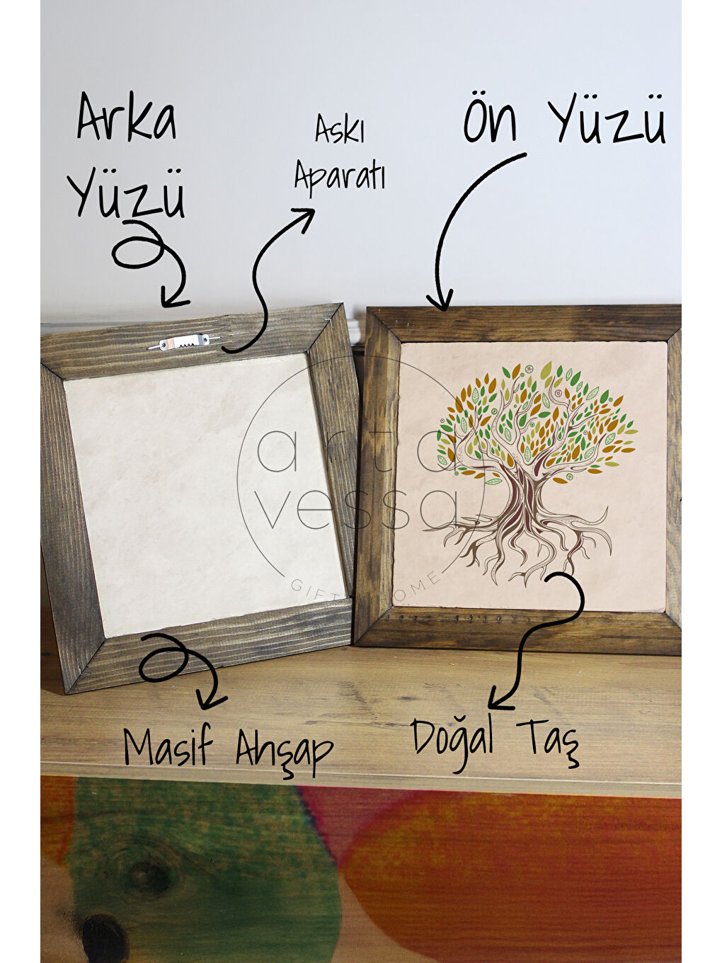 Beyaz Masif Ahşap Çerçeveli Taş Tablo Pano 16 x 16 cm - Ağaç Model 7 - 16 x 16-2