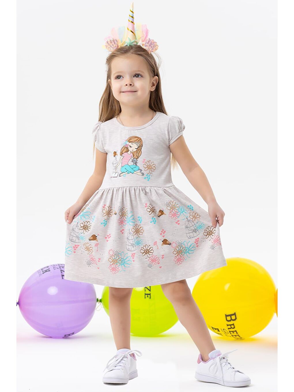 Kız Çocuk Elbise Kız Baskılı Doğa Temalı Bej Melanj (3 Yaş)