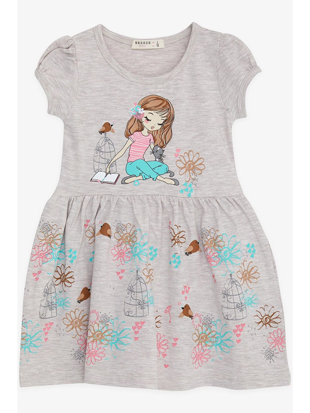 Kız Çocuk Elbise Kız Baskılı Doğa Temalı Bej Melanj (3 Yaş)-2