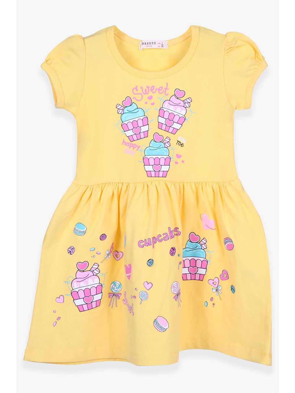 Kız Çocuk Elbise Şeker Baskılı Sarı (3-8 Yaş)