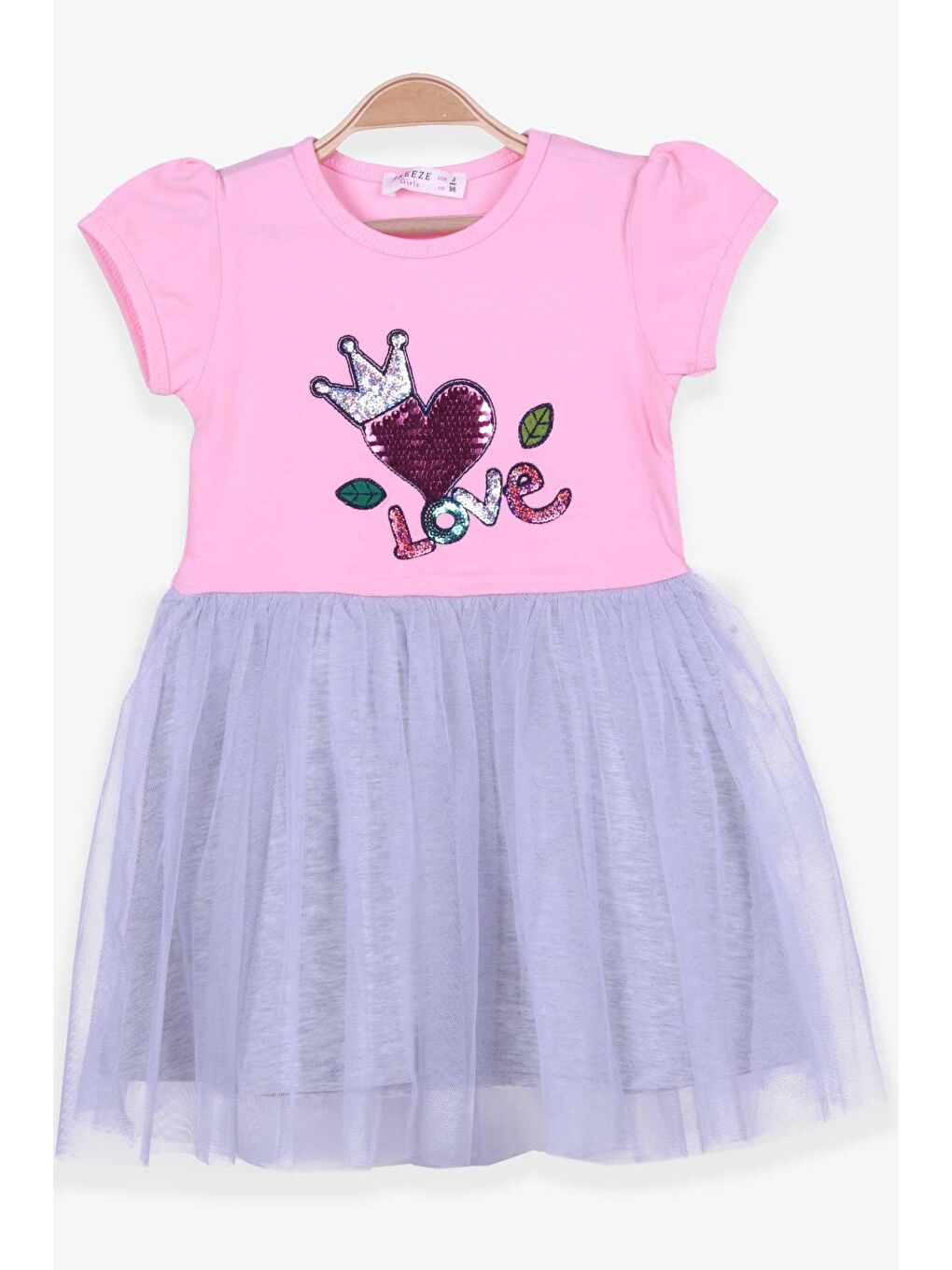 Pembe Kız Çocuk Elbise Nakışlı Pullu Pudra (3-4 Yaş)