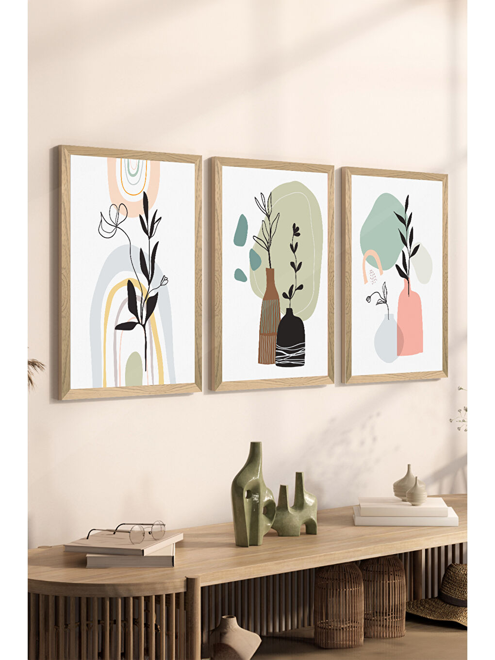 Beyaz 3 Parça Ahşap Çerçeve Görünümlü MDF Poster Tablo Seti - Set 124 - MDF3DSOHOSET124-1520