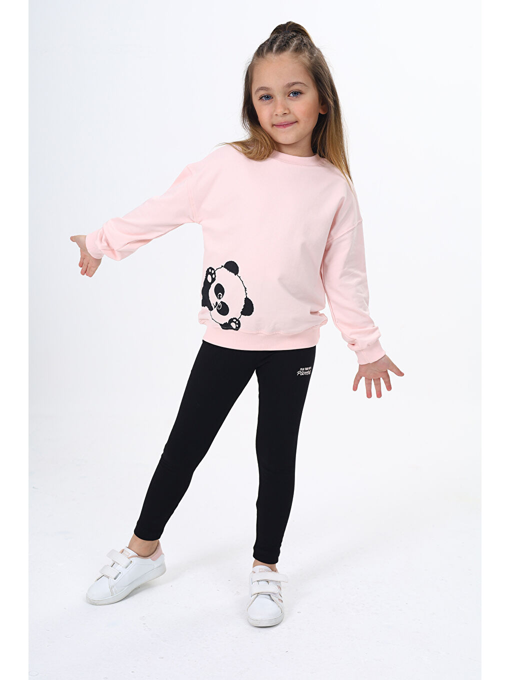 Pembe Kız Çocuk 2'li Takım Baskılı Bisiklet Yaka Düşük Omuz Sweatshirt & Basic Düz Tayt-3