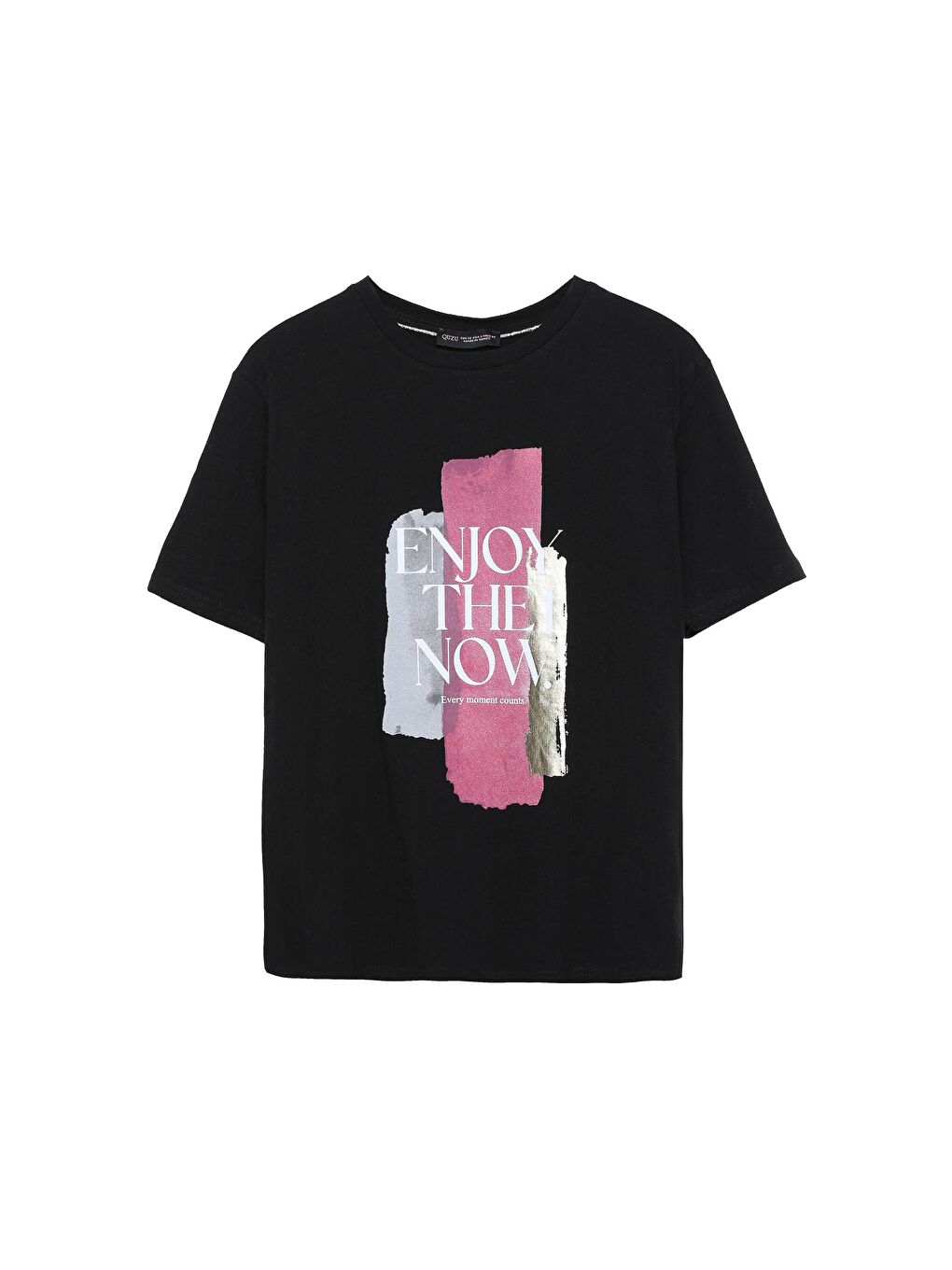 Baskı Detaylı Kısa Kol Tişört Siyah-1