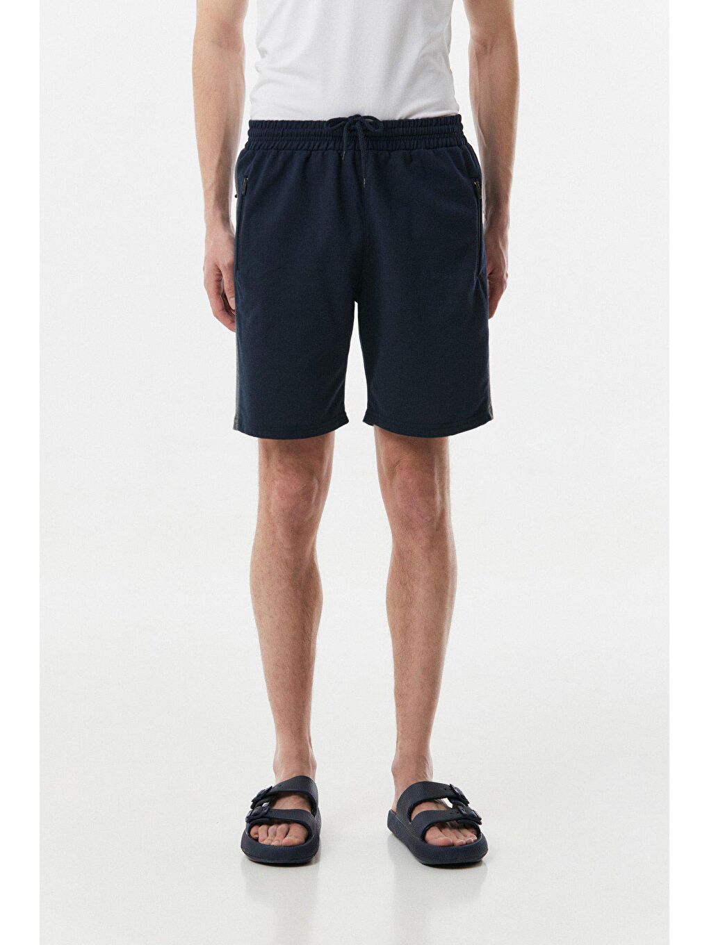 Lacivert Baskılı Cepleri Fermuarlı Şort-4