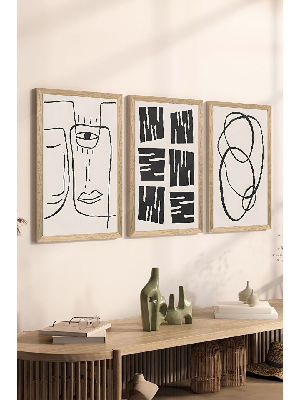 Beyaz 3 Parça Ahşap Çerçeve Görünümlü MDF Poster Tablo Seti - Set 70 - MDF3DSOHOSET70-1520
