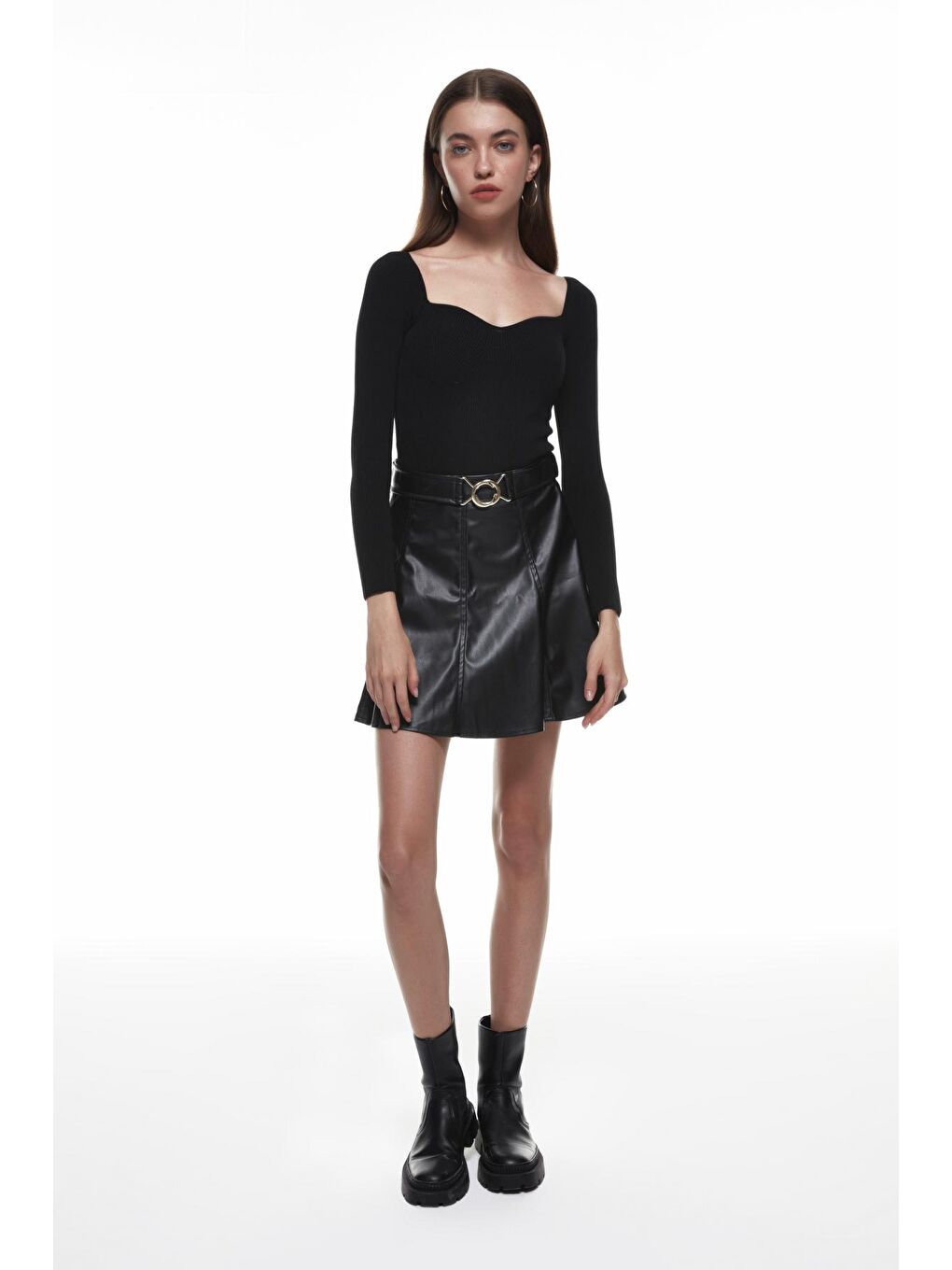 Kemer Detaylı Deri Mini Etek Siyah-2