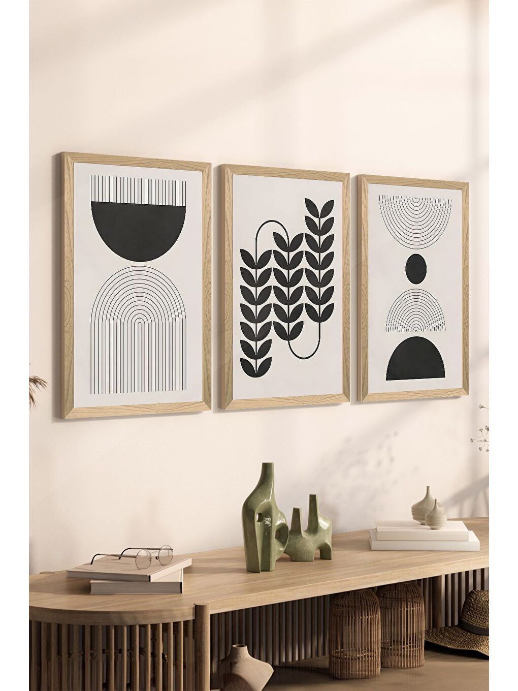 Beyaz 3 Parça Ahşap Çerçeve Görünümlü MDF Poster Tablo Seti - Set 74 - MDF3DSOHOSET74-1520