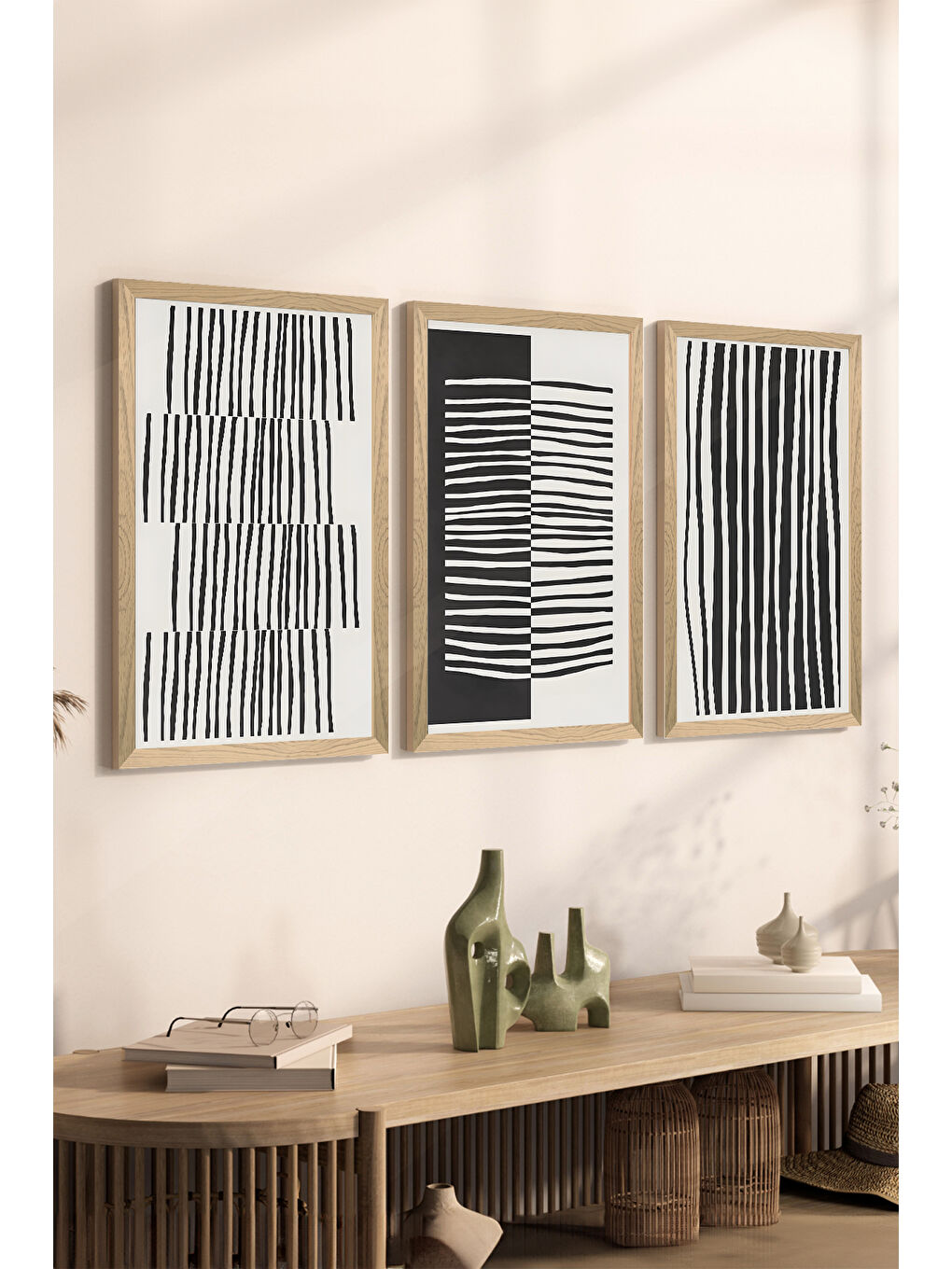 Beyaz 3 Parça Ahşap Çerçeve Görünümlü MDF Poster Tablo Seti - Set 78 - MDF3DSOHOSET78-1520