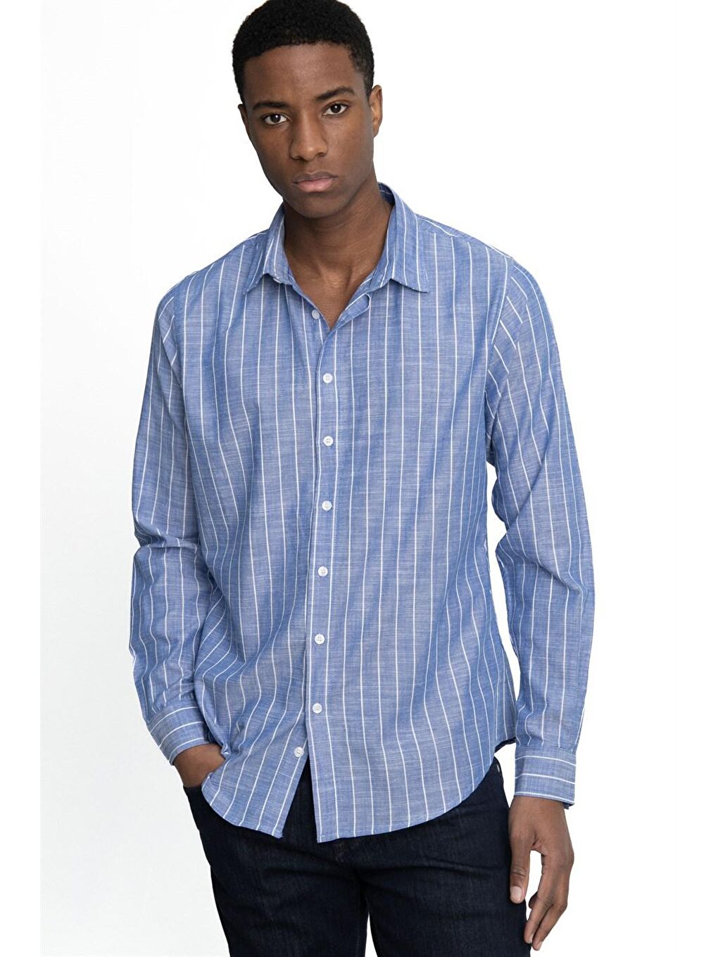 Lacivert Slim Fit Uzun Kol Çizgili Yaka İçi Biyeli Ketenli Erkek Gömlek - TUDORS