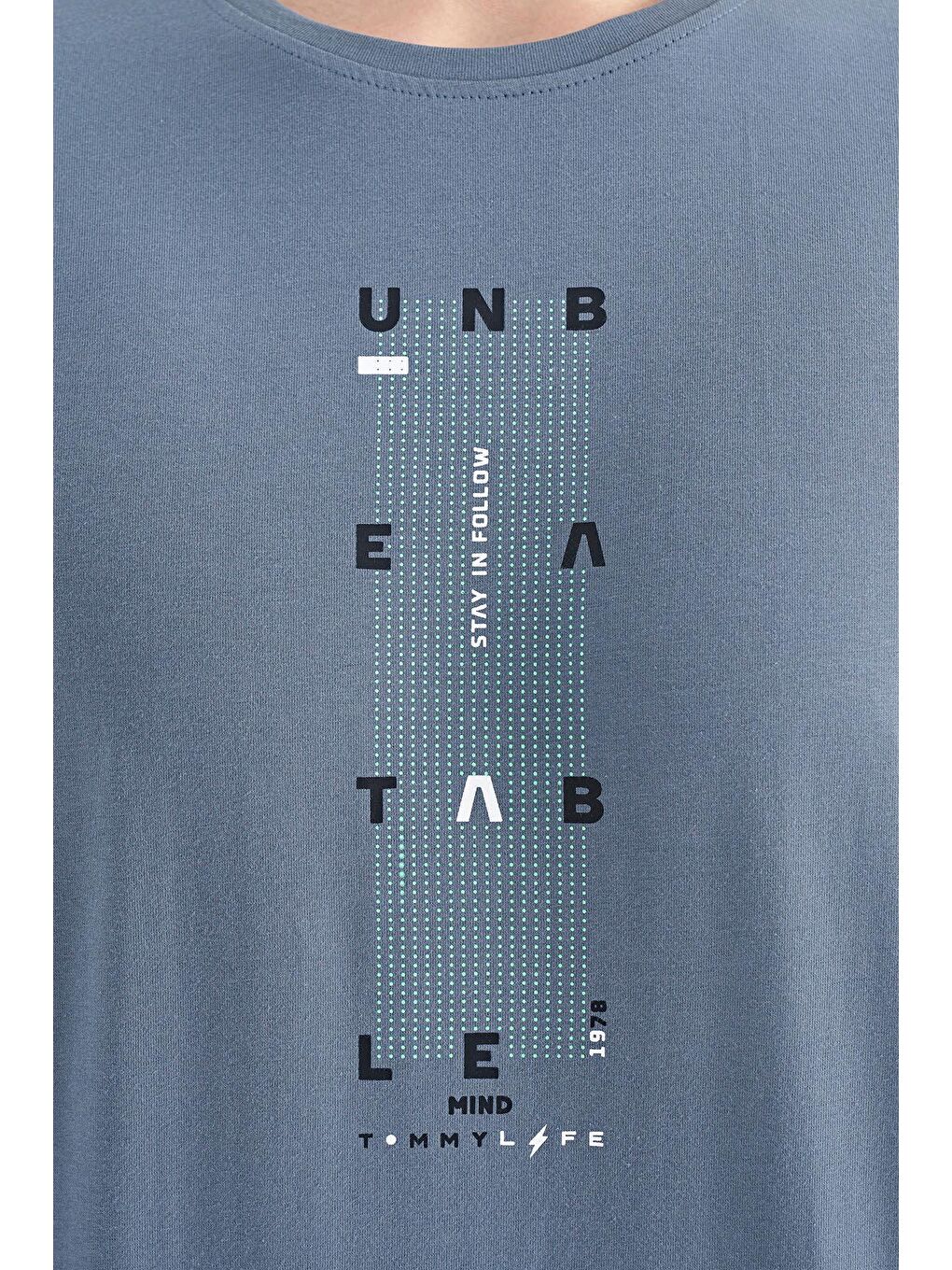 Petrol Kol Şerit Detaylı O Yaka Standart Kalıp Erkek Tişört - 88234-1