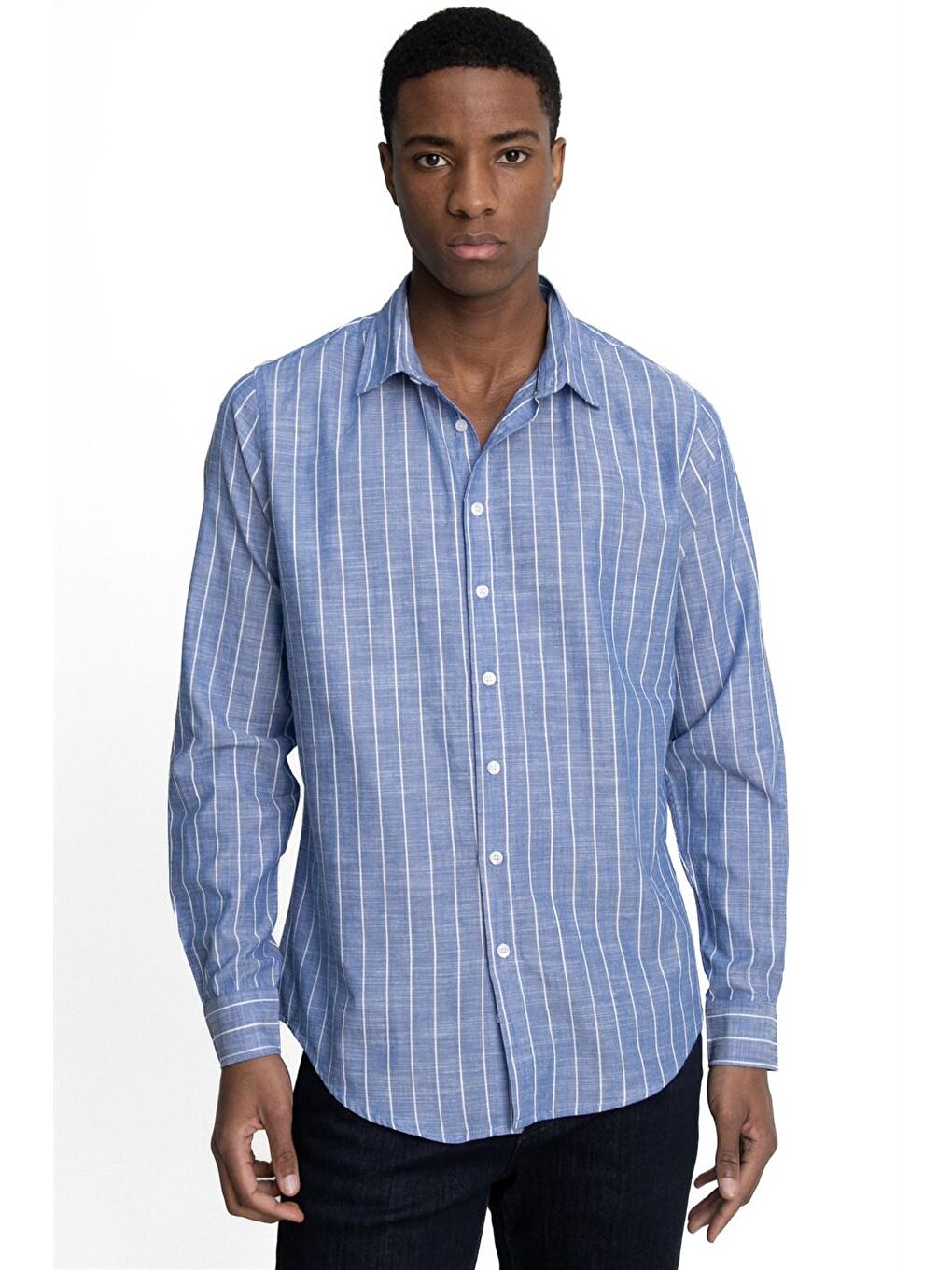 Lacivert Slim Fit Uzun Kol Çizgili Yaka İçi Biyeli Ketenli Erkek Gömlek - TUDORS-1
