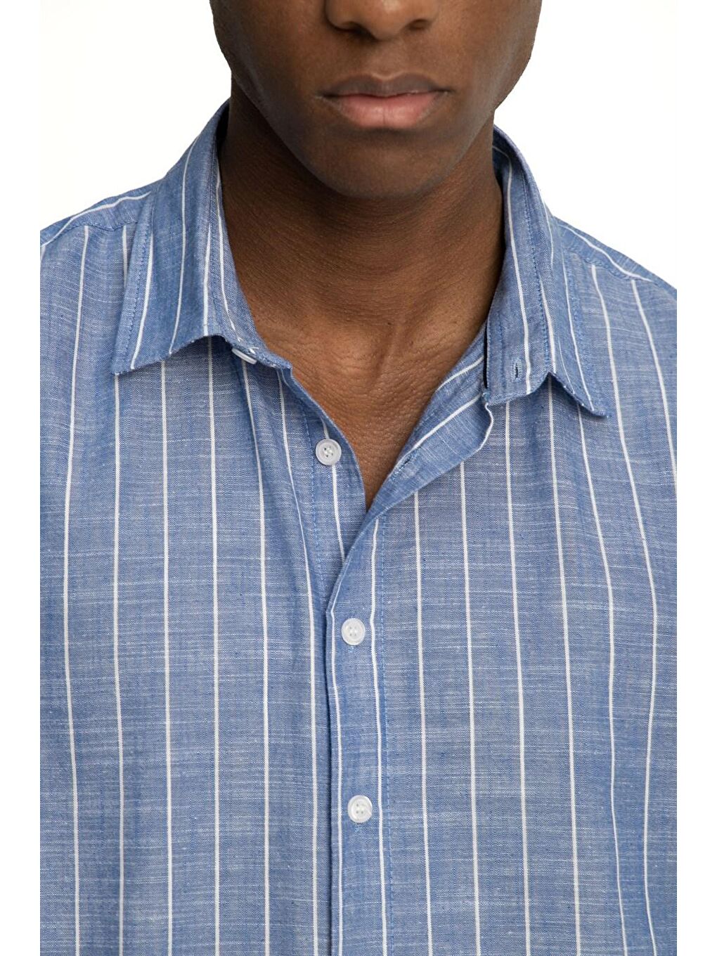 Lacivert Slim Fit Uzun Kol Çizgili Yaka İçi Biyeli Ketenli Erkek Gömlek - TUDORS-2