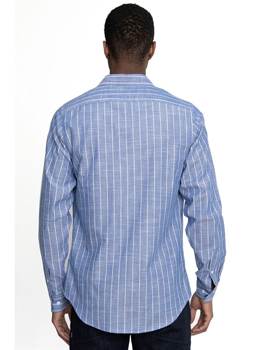 Lacivert Slim Fit Uzun Kol Çizgili Yaka İçi Biyeli Ketenli Erkek Gömlek - TUDORS-3