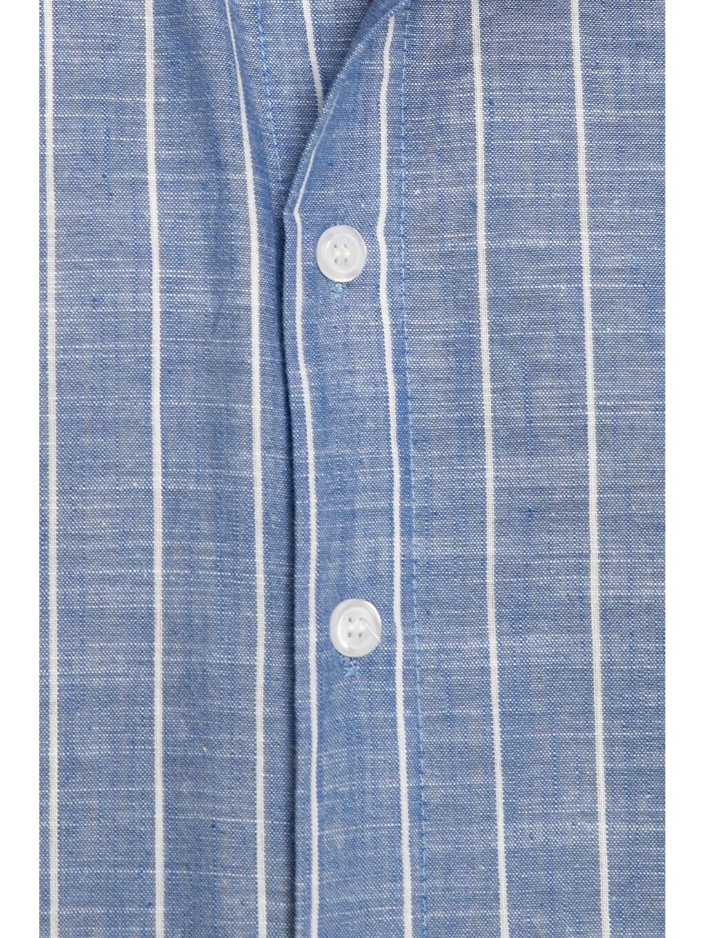 Lacivert Slim Fit Uzun Kol Çizgili Yaka İçi Biyeli Ketenli Erkek Gömlek - TUDORS-4