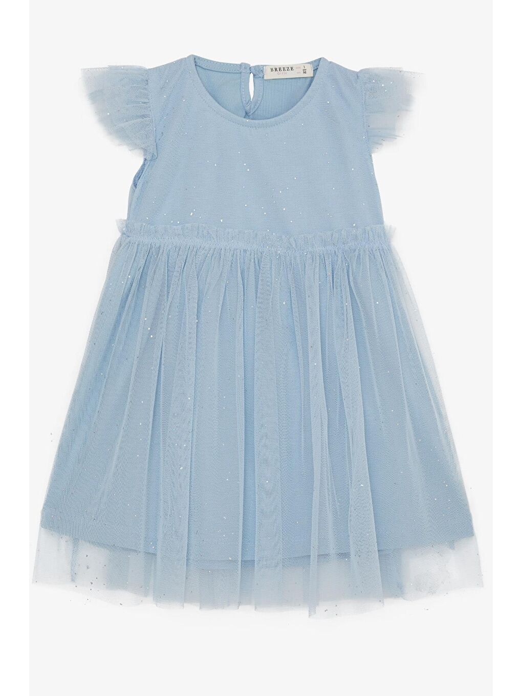 Kız Çocuk Elbise Simli Tüllü Fırfırlı Mavi (3-6 Yaş)