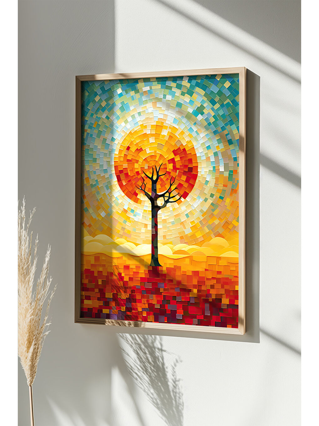 Beyaz Tek Parça Gerçek Ham Ahşap Çerçeveli Mosaic Temalı Tablo - Model 14 - MSCARTMDL14-3348-1