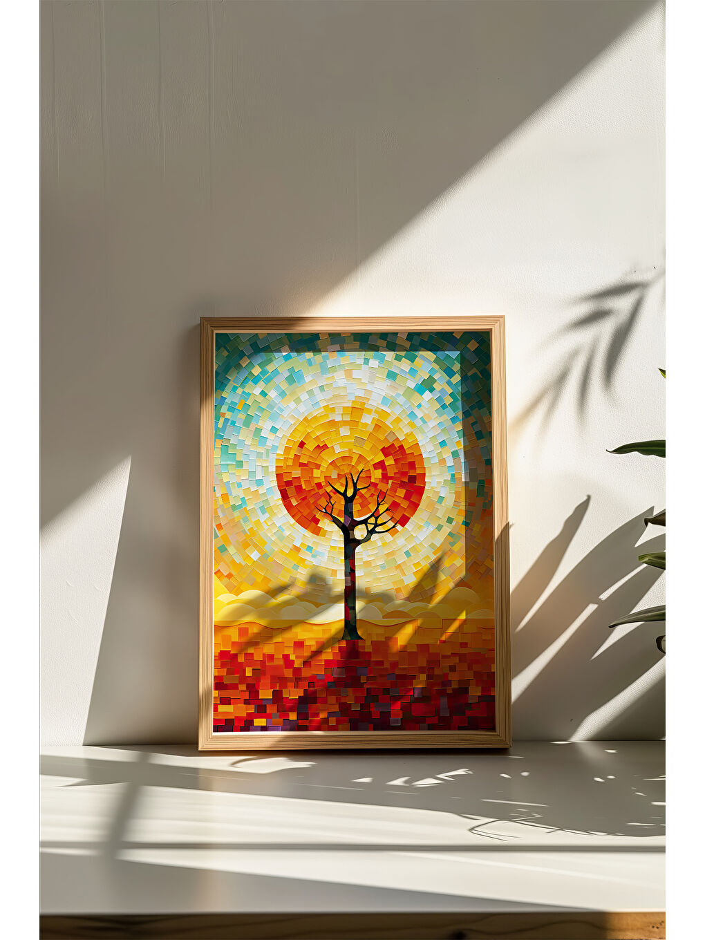 Beyaz Tek Parça Gerçek Ham Ahşap Çerçeveli Mosaic Temalı Tablo - Model 14 - MSCARTMDL14-3348-2