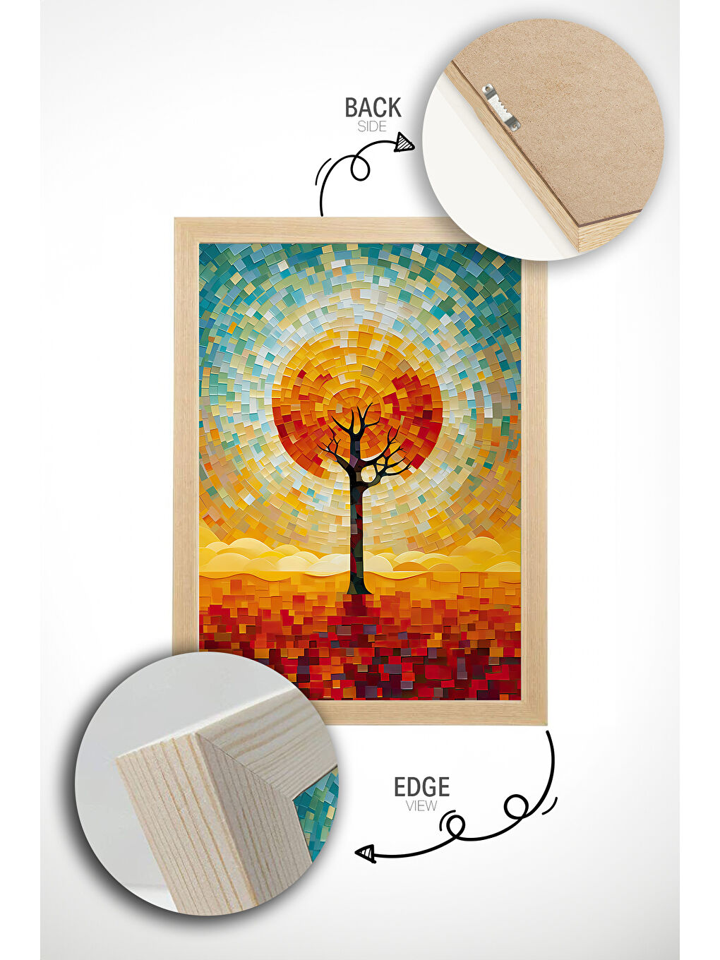 Beyaz Tek Parça Gerçek Ham Ahşap Çerçeveli Mosaic Temalı Tablo - Model 14 - MSCARTMDL14-3348-3