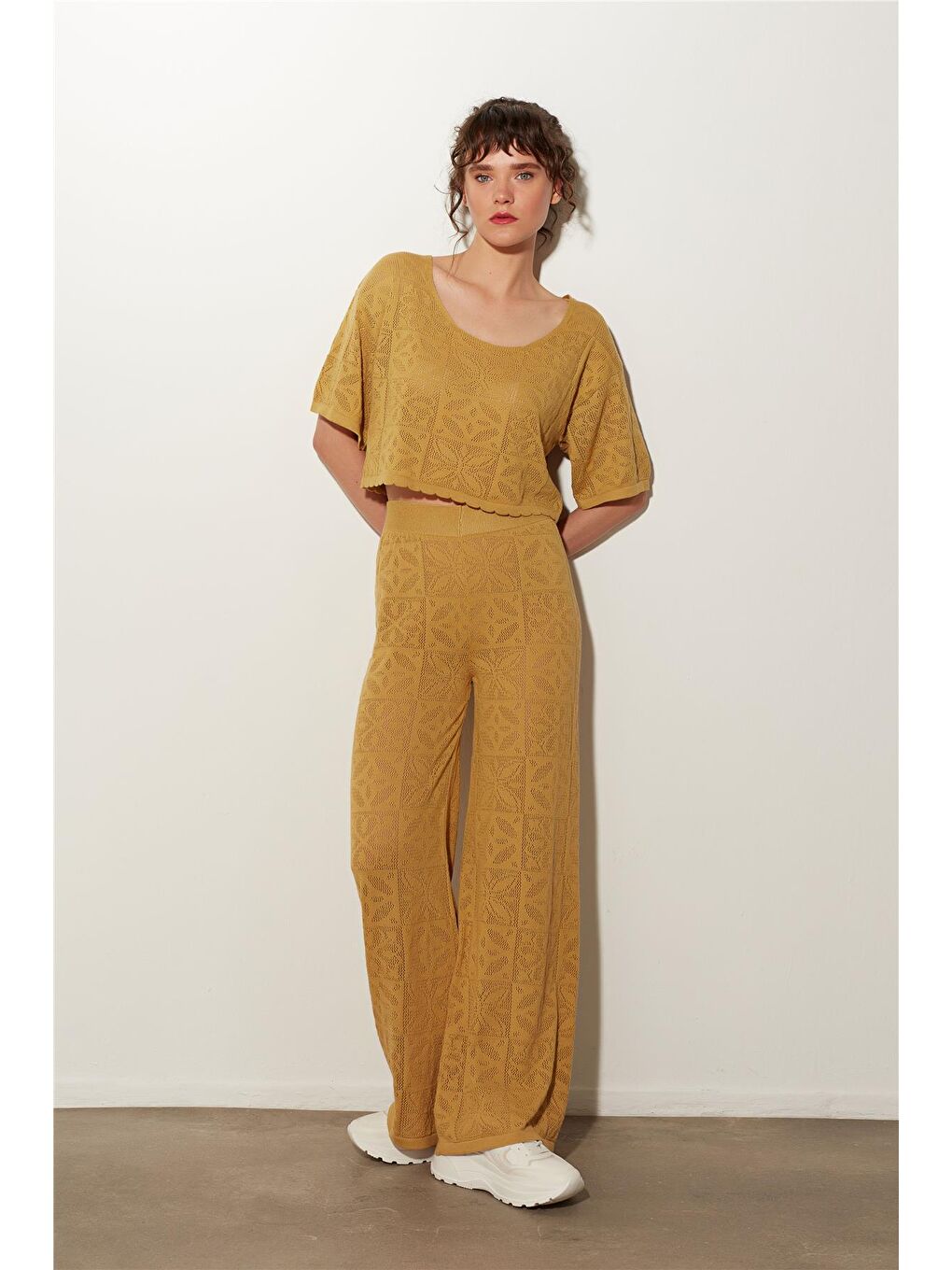 Sarı Hardal Kazak Pantolon Desenli Triko Takım