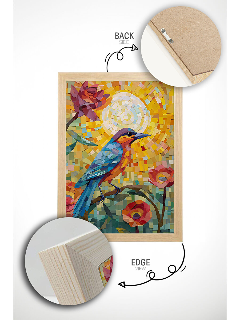 Beyaz Tek Parça Gerçek Ham Ahşap Çerçeveli Mosaic Temalı Tablo - Model 22 - MSCARTMDL22-5070-3