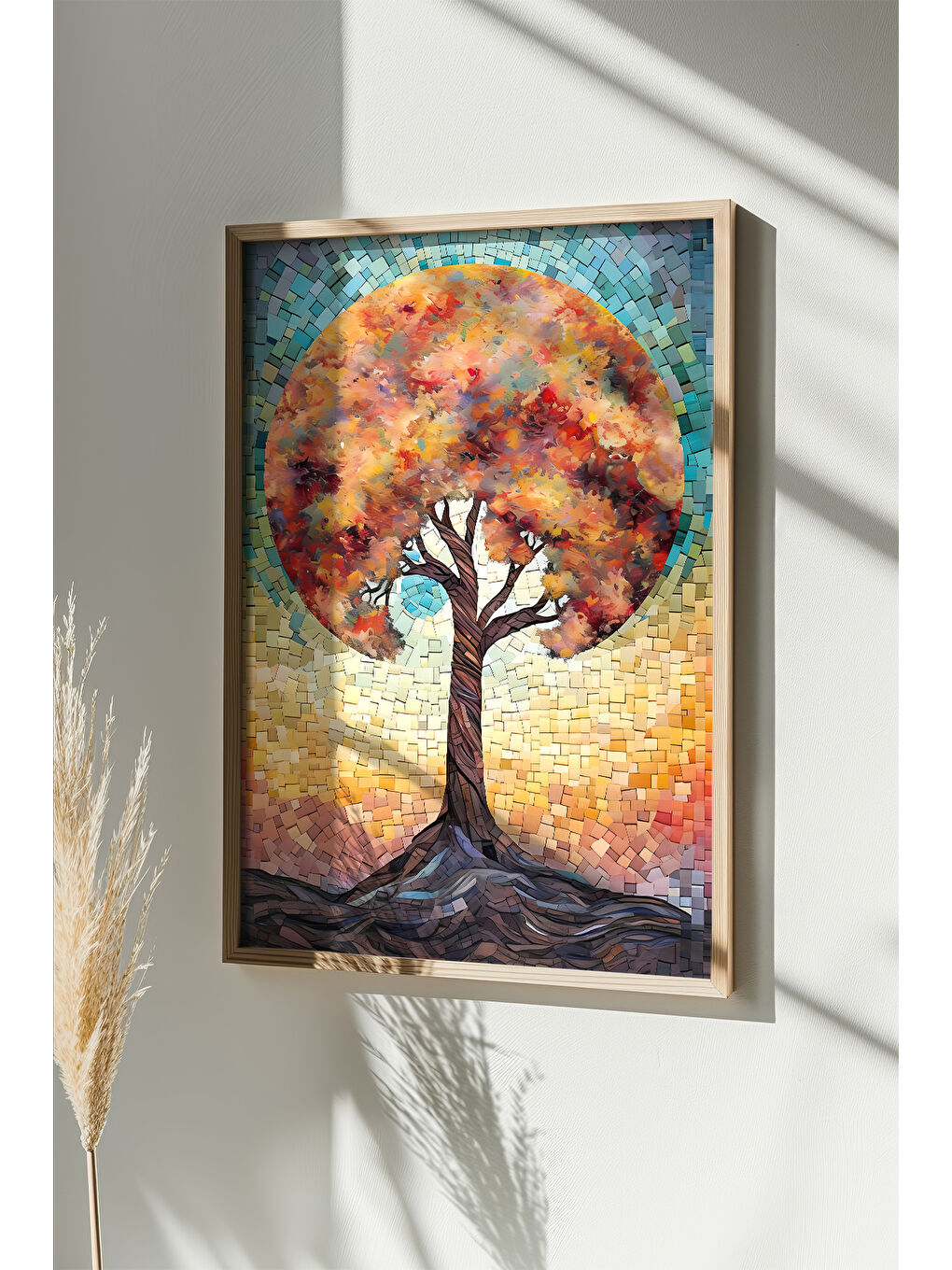 Beyaz Tek Parça Gerçek Ham Ahşap Çerçeveli Mosaic Temalı Tablo - Model 23 - MSCARTMDL23-5070-1