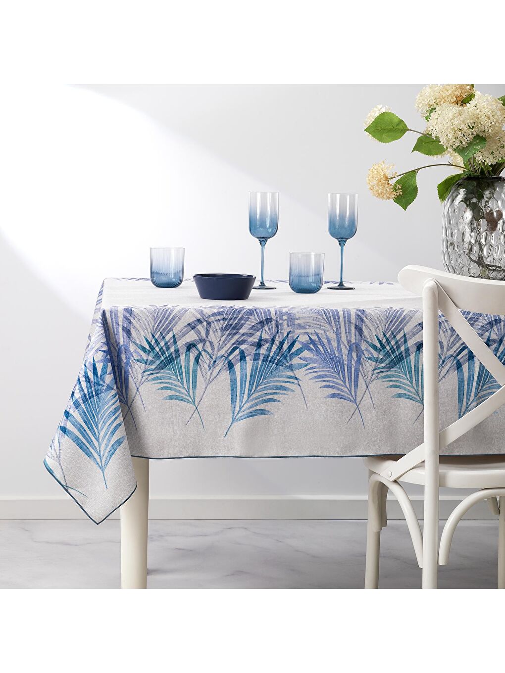 Home Leaf Poly Linen Masa Örtüsü 150x220-Mavi