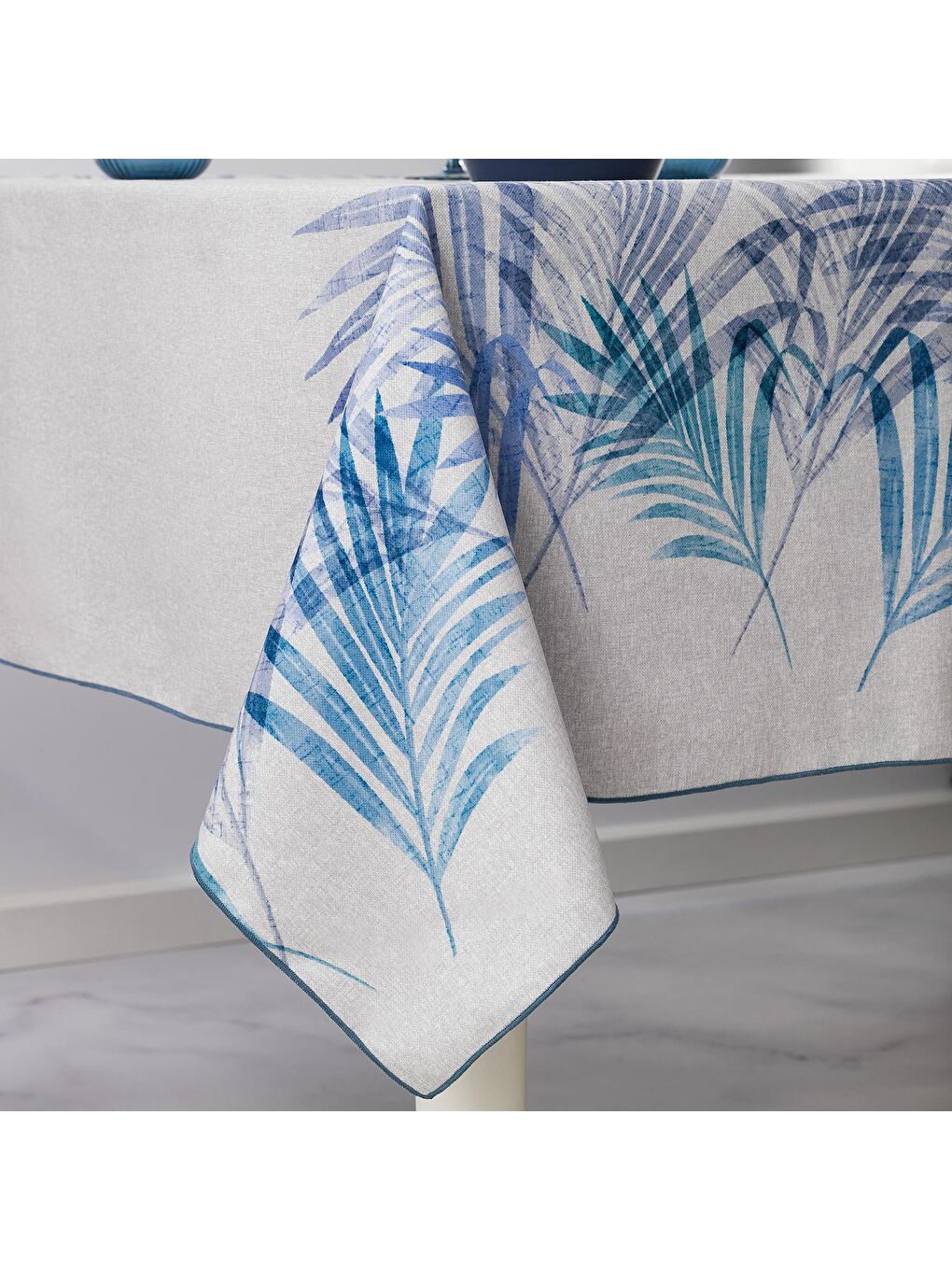 Home Leaf Poly Linen Masa Örtüsü 150x220-Mavi-1