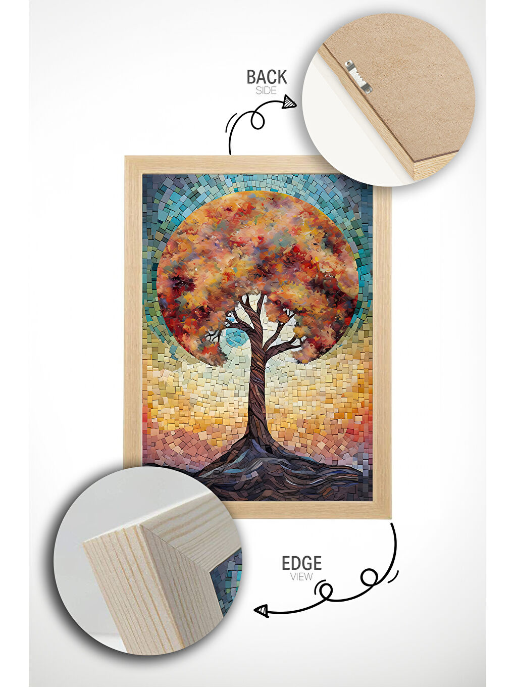 Beyaz Tek Parça Gerçek Ham Ahşap Çerçeveli Mosaic Temalı Tablo - Model 23 - MSCARTMDL23-5070-3