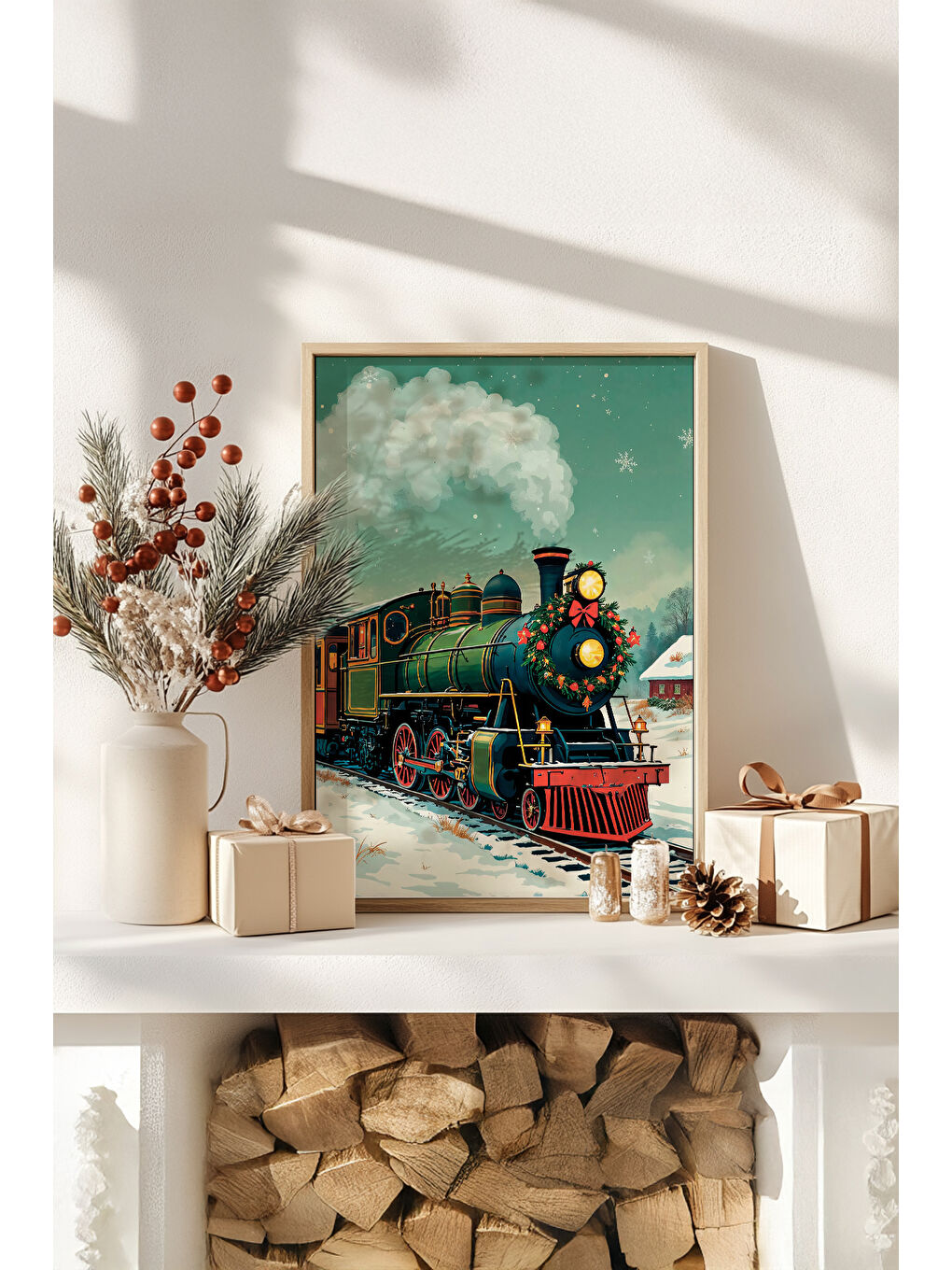 Beyaz Tek Parça Gerçek Ham Ahşap Çerçeveli Yılbaşı(New Year) Temalı Tablo - Model 12 - NWYEARSNGMDL12-3348