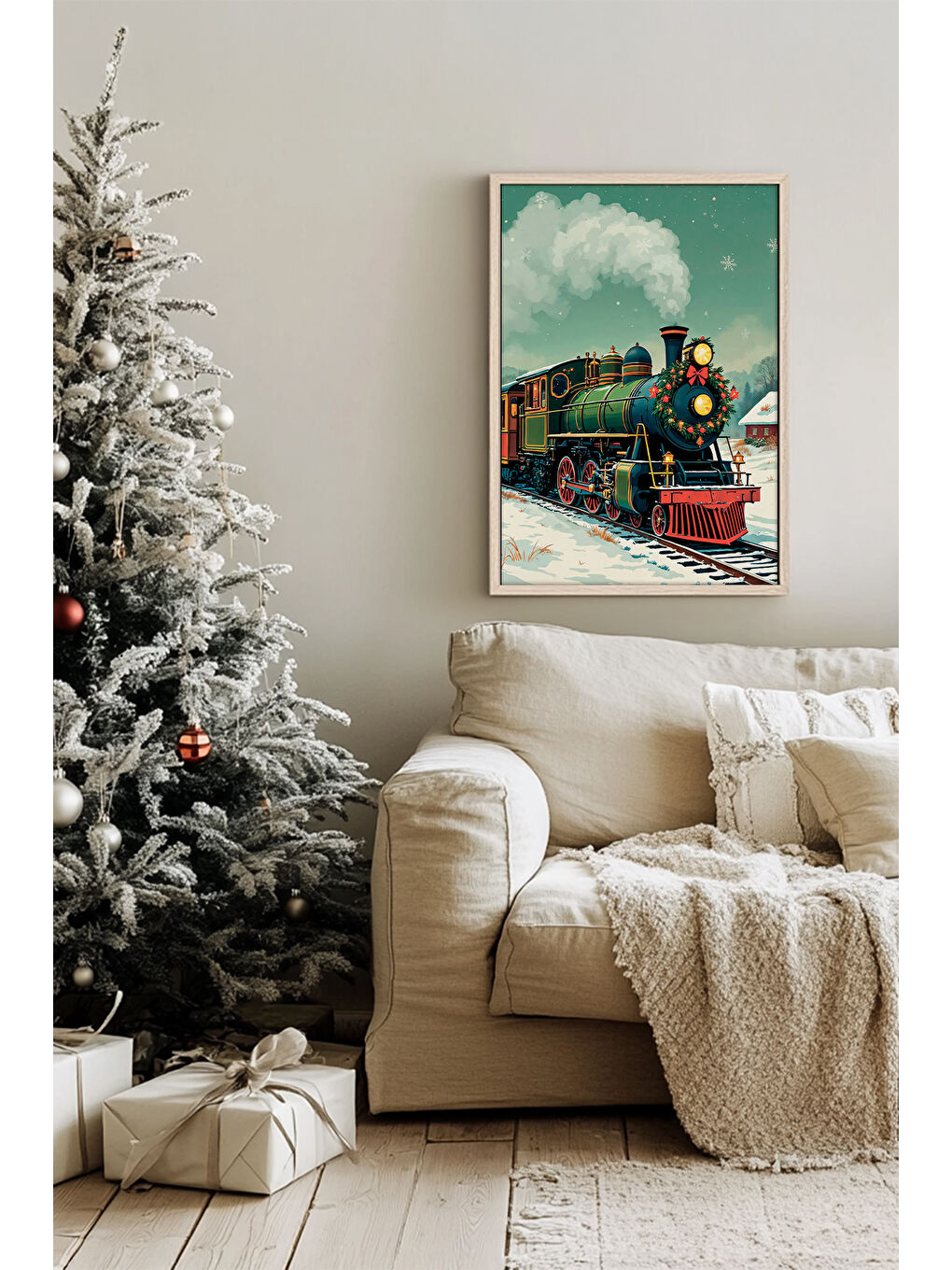 Beyaz Tek Parça Gerçek Ham Ahşap Çerçeveli Yılbaşı(New Year) Temalı Tablo - Model 12 - NWYEARSNGMDL12-3348-1