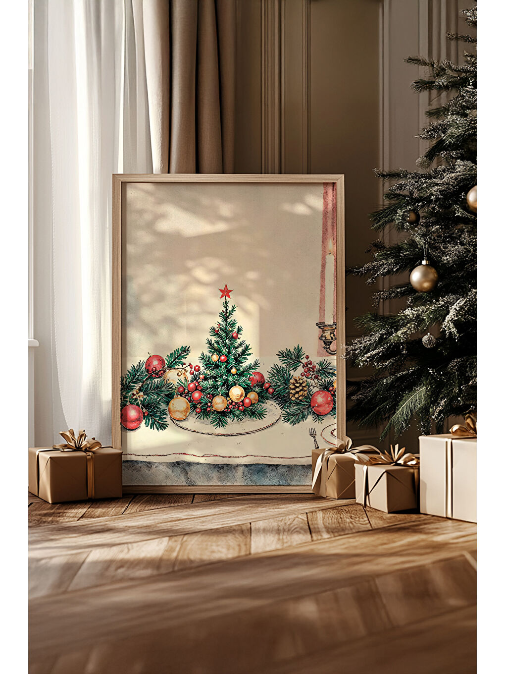 Beyaz Tek Parça Gerçek Ham Ahşap Çerçeveli Yılbaşı(New Year) Temalı Tablo - Model 13 - NWYEARSNGMDL13-5070