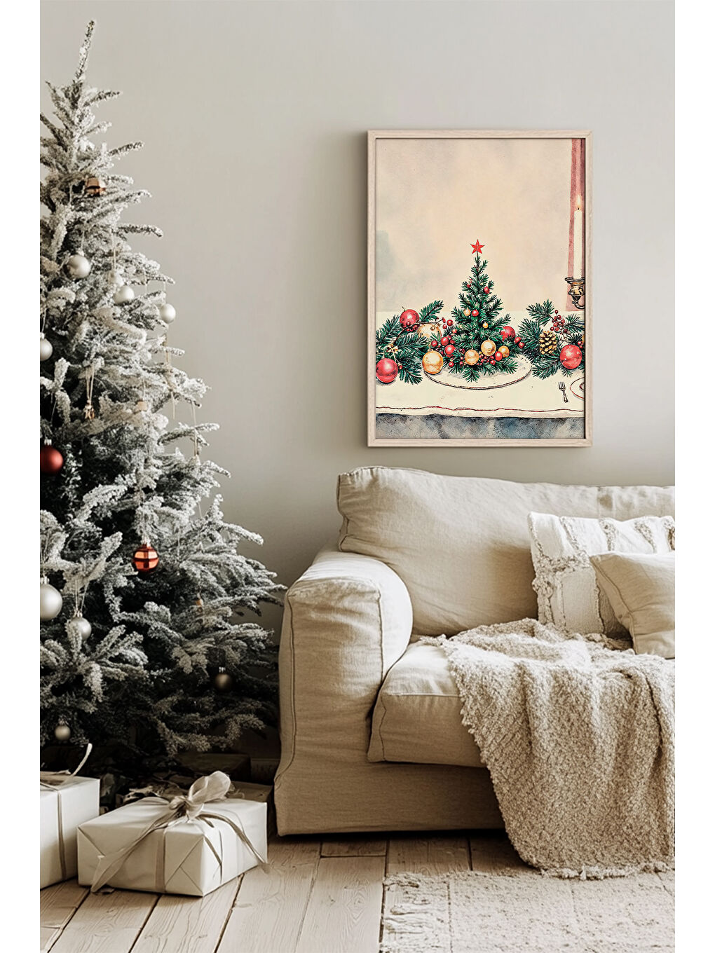 Beyaz Tek Parça Gerçek Ham Ahşap Çerçeveli Yılbaşı(New Year) Temalı Tablo - Model 13 - NWYEARSNGMDL13-5070-1