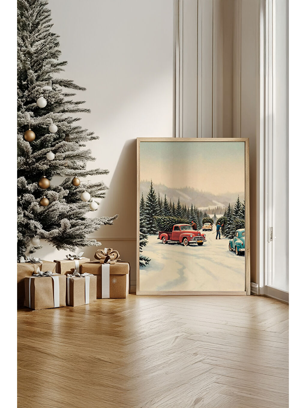 Beyaz Tek Parça Gerçek Ham Ahşap Çerçeveli Yılbaşı(New Year) Temalı Tablo - Model 14 - NWYEARSNGMDL14-5070