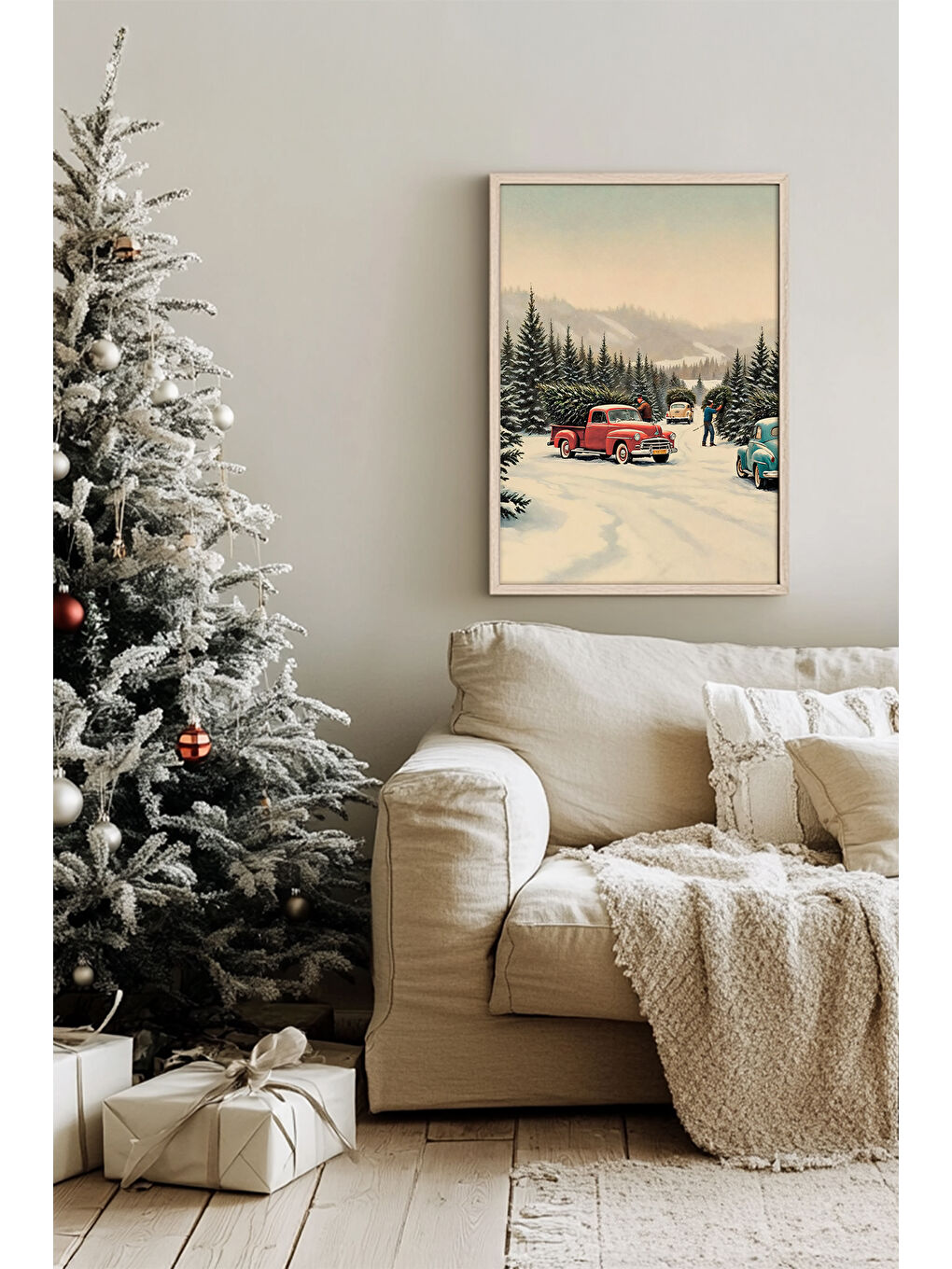 Beyaz Tek Parça Gerçek Ham Ahşap Çerçeveli Yılbaşı(New Year) Temalı Tablo - Model 14 - NWYEARSNGMDL14-5070-1